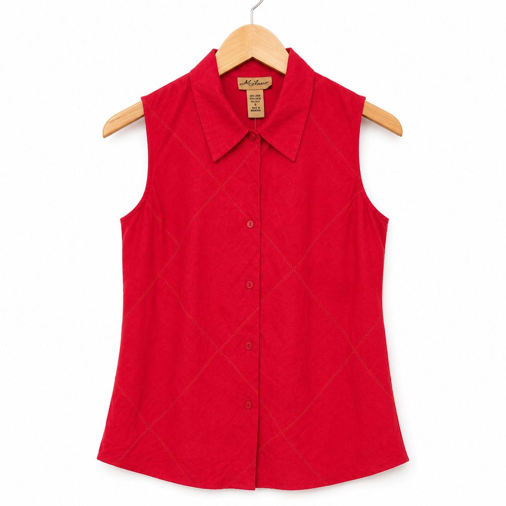 Milano Top Womens Medium Red Linen Blend Sleeveless Button Front Coastal NWT